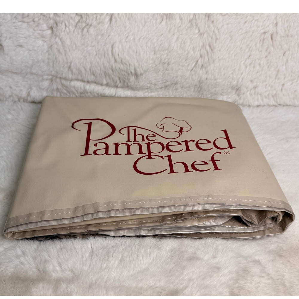 The Pampered Chef Square Tablecloth 52x52 Cream Red Logo Made in USA Vinyl